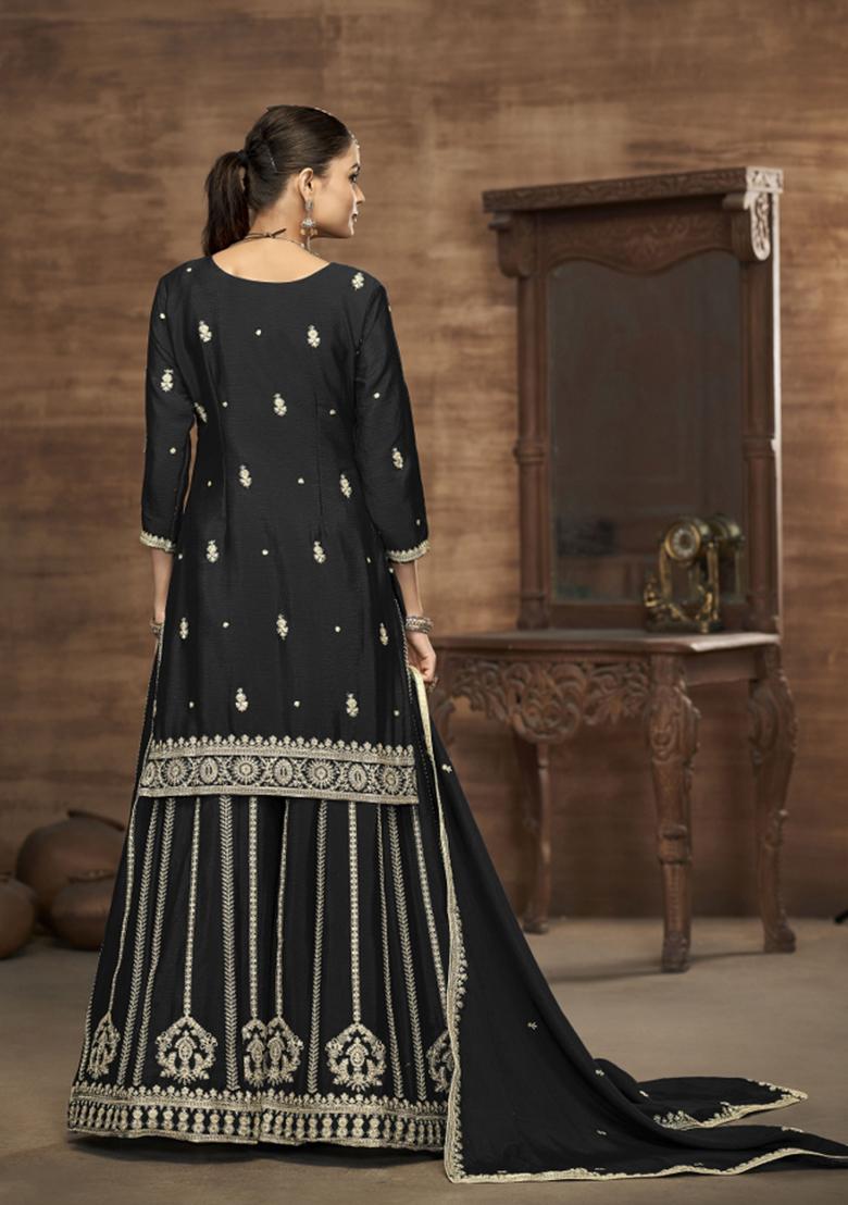 Black Embroidererd Chinon Palazzo Set With Dupatta