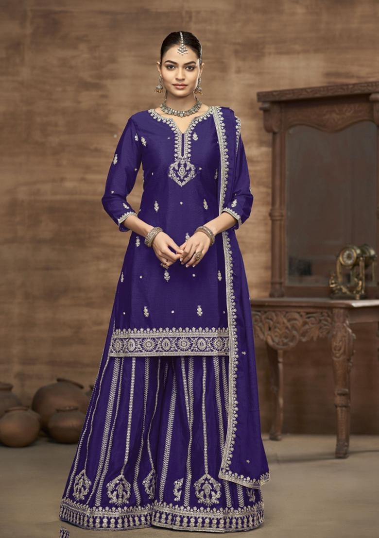 Lavender Embroidererd Chinon Palazzo Set With Dupatta