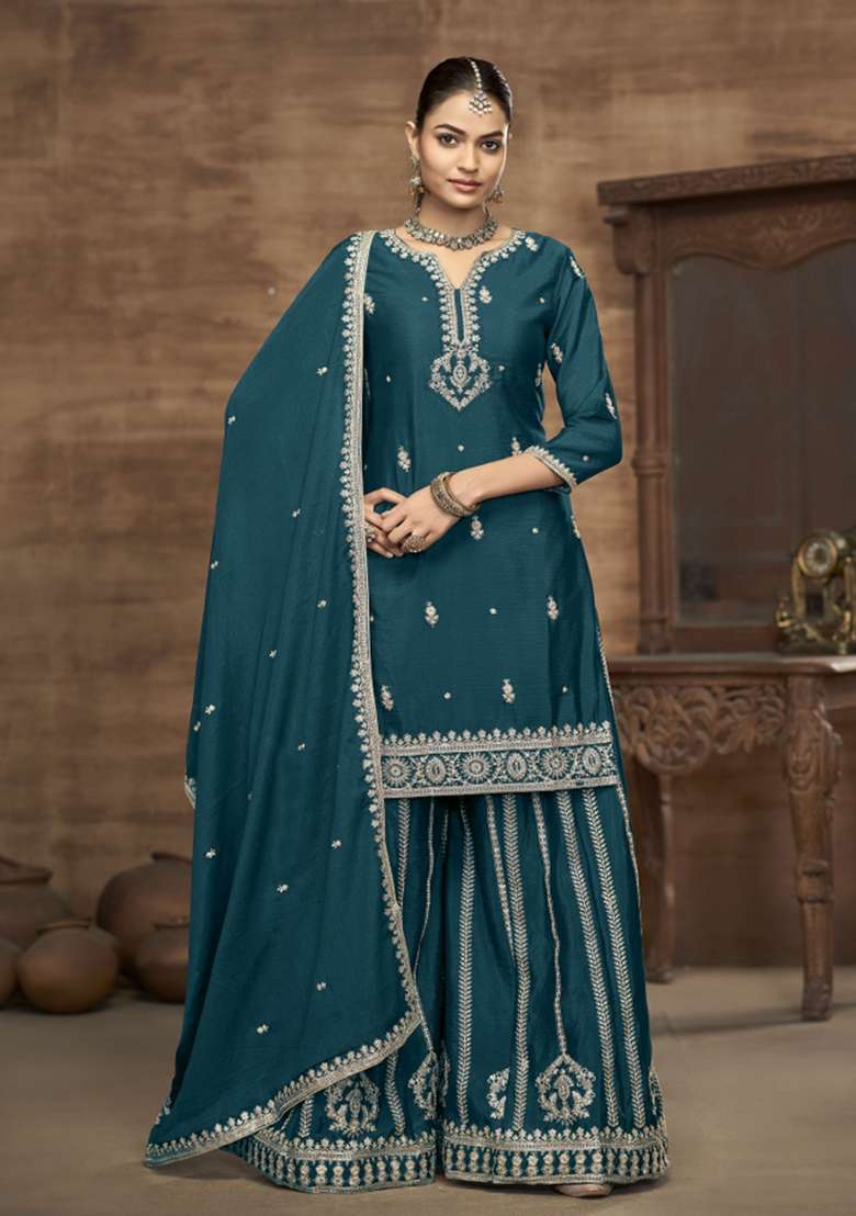 Rama Green Embroidererd Chinon Palazzo Set With Dupatta - Indya