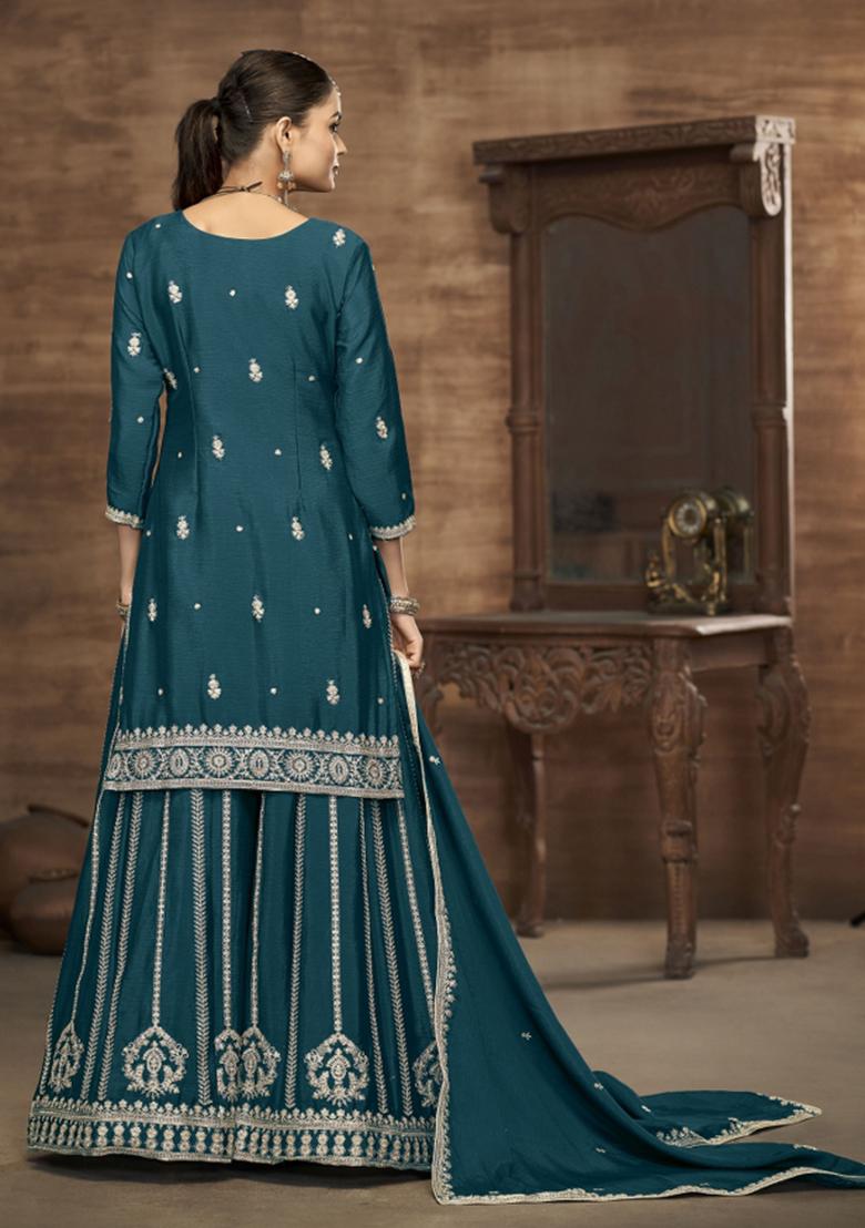 Rama Green Embroidererd Chinon Palazzo Set With Dupatta