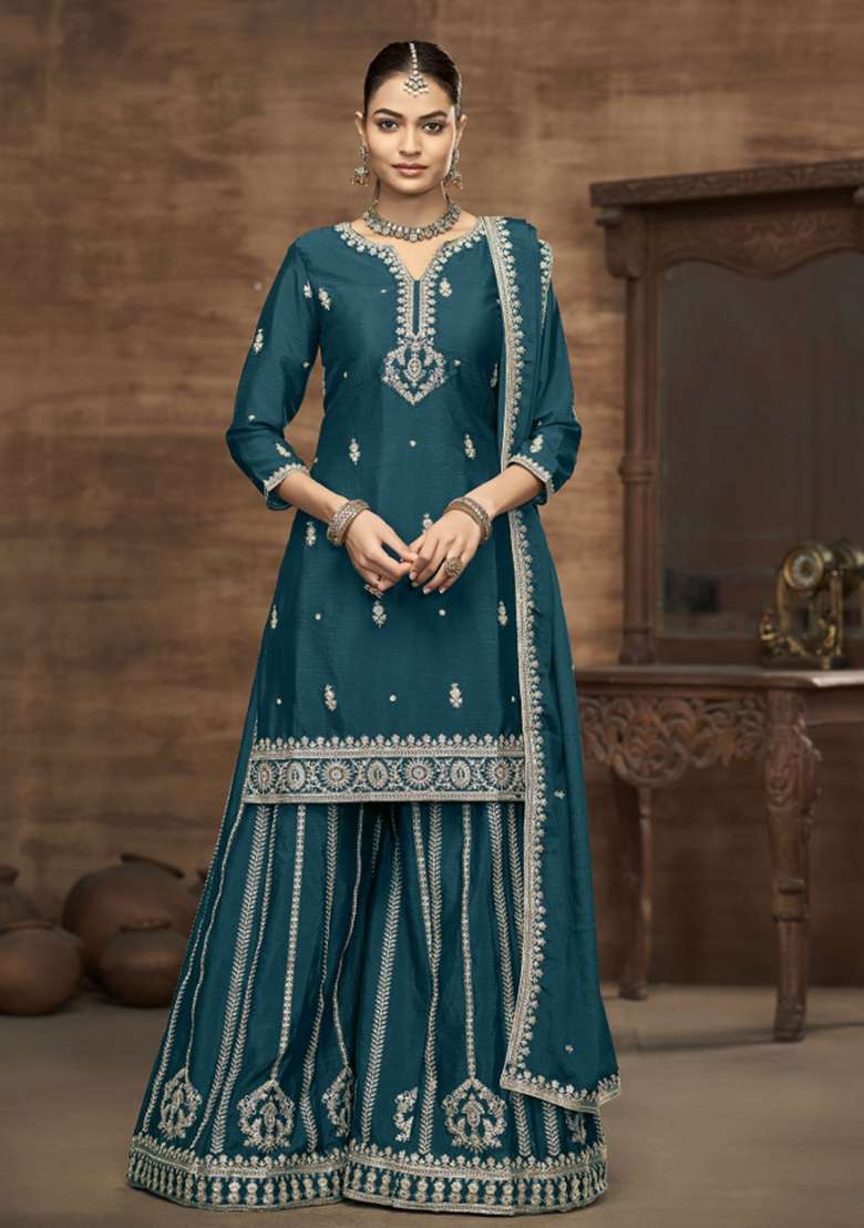 Rama Green Embroidererd Chinon Palazzo Set With Dupatta - Indya