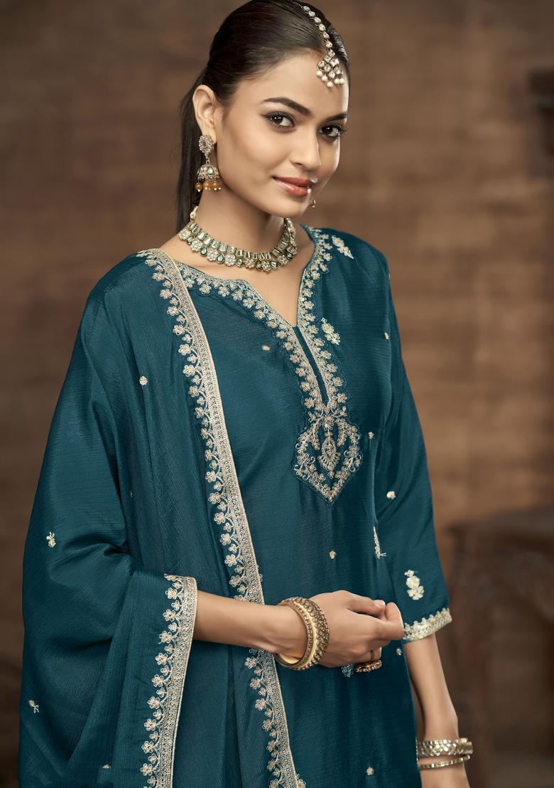 Rama Green Embroidererd Chinon Palazzo Set With Dupatta