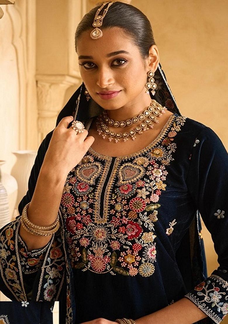 Blue Embroidered Velvet Palazzo Set With Dupatta