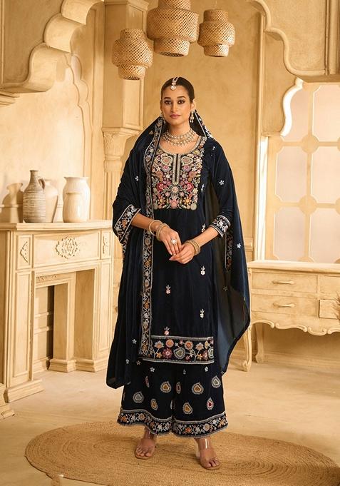 Blue Embroidered Velvet Palazzo Set With Dupatta