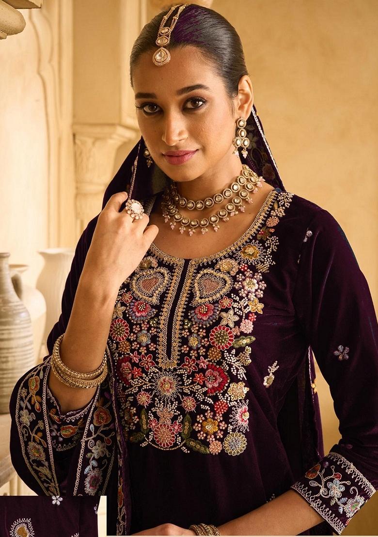 Purple Embroidered Velvet Palazzo Set With Dupatta