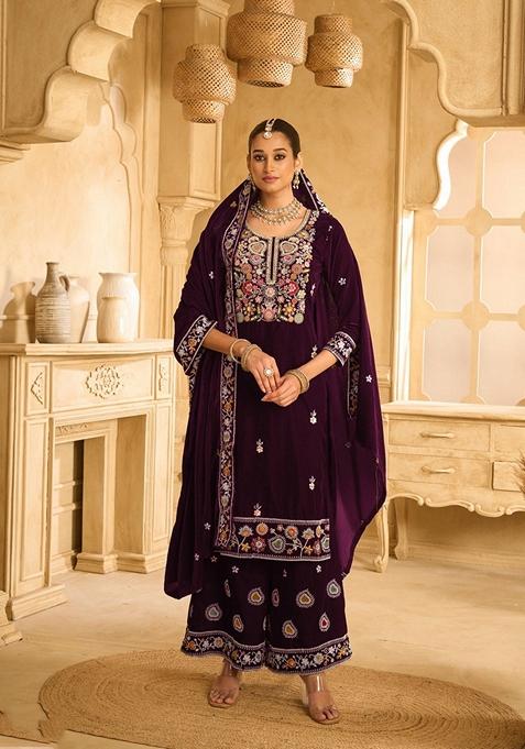 Purple Embroidered Velvet Palazzo Set With Dupatta