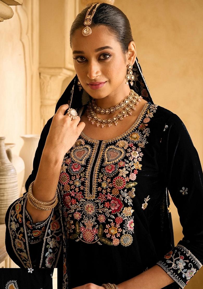 Black Embroidered Velvet Palazzo Set With Dupatta