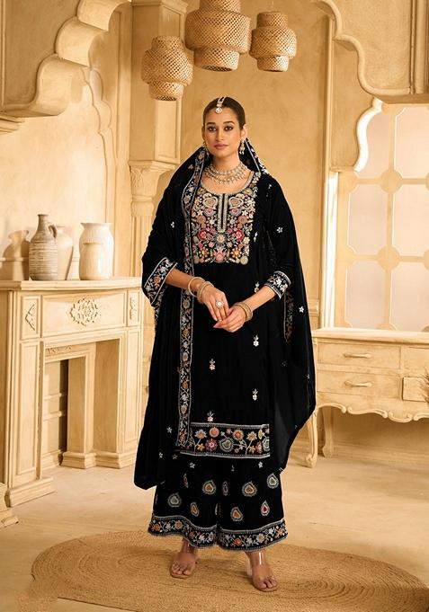 Black Embroidered Velvet Palazzo Set With Dupatta
