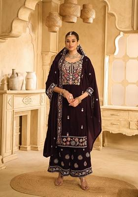 Brown Embroidered Velvet Palazzo Set With Dupatta