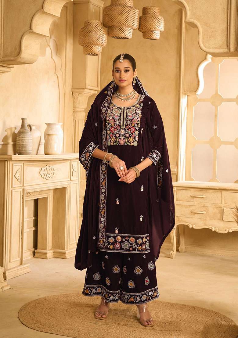 Brown Embroidered Velvet Straight Kurta Set - Indya