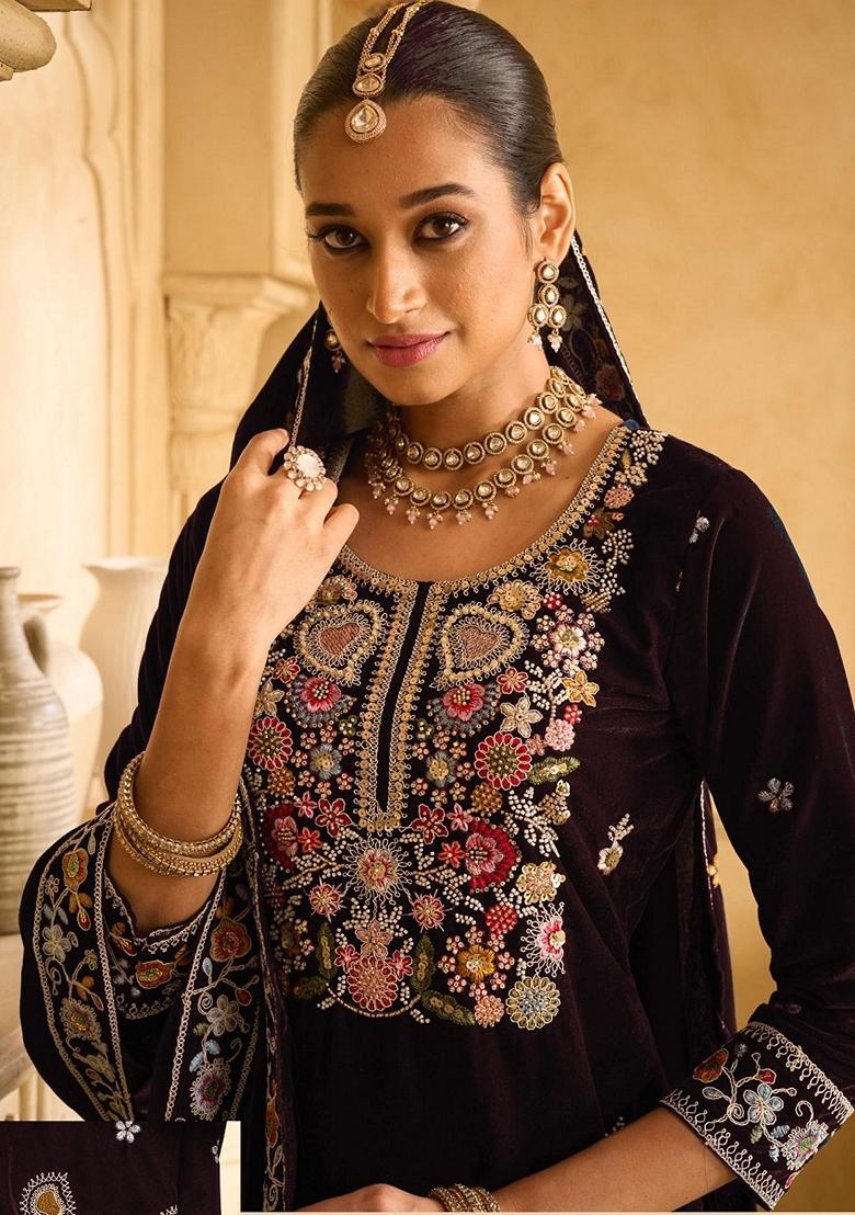 Brown Embroidered Velvet Palazzo Set With Dupatta