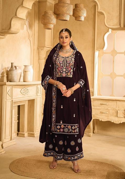 Brown Embroidered Velvet Palazzo Set With Dupatta