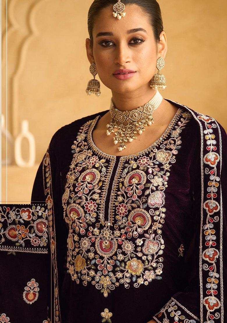 Purple Embroidered Velvet Palazzo Set With Dupatta
