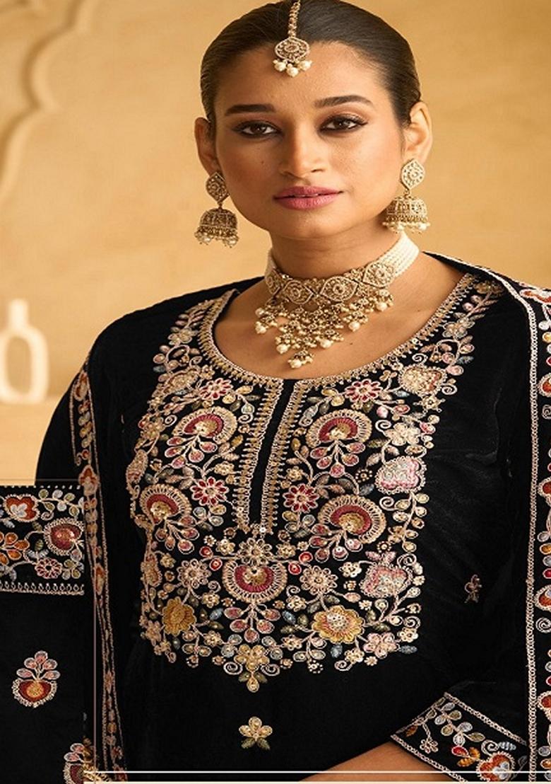 Black Embroidered Velvet Palazzo Set With Dupatta