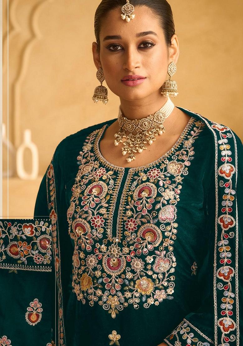 Green Embroidered Velvet Palazzo Set With Dupatta