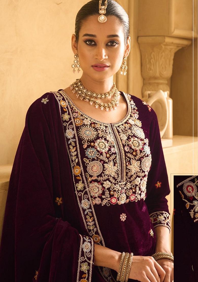 Purple Embroidered Velvet Palazzo Set With Dupatta