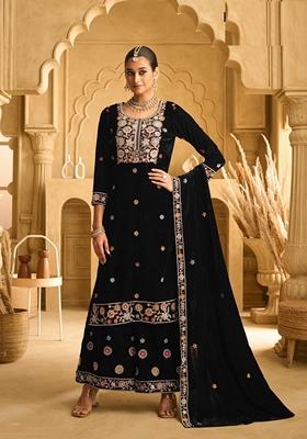 Black Embroidered Velvet Palazzo Set With Dupatta