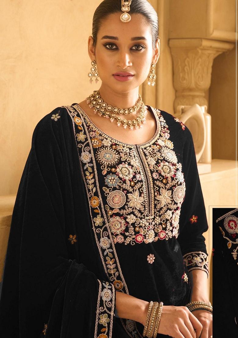 Black Embroidered Velvet Palazzo Set With Dupatta