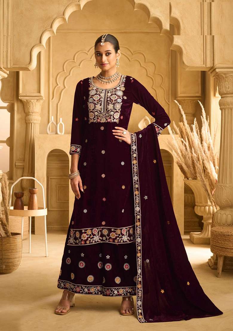 Purple Embroidered Velvet Sharara Set - Indya