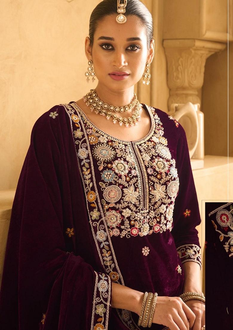Purple Embroidered Velvet Palazzo Set With Dupatta