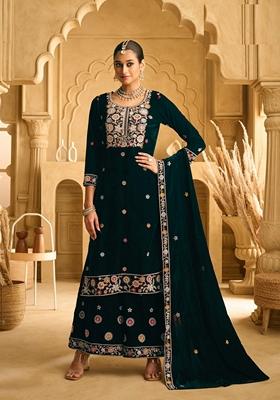 Green Embroidered Velvet Palazzo Set With Dupatta