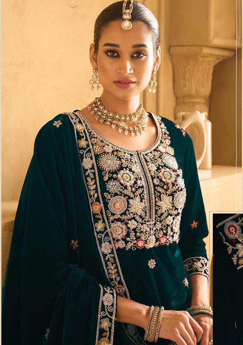 Green Embroidered Velvet Palazzo Set With Dupatta