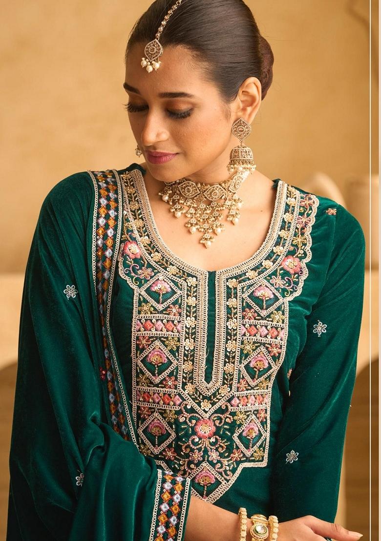 Green Embroidered Velvet Palazzo Set With Dupatta