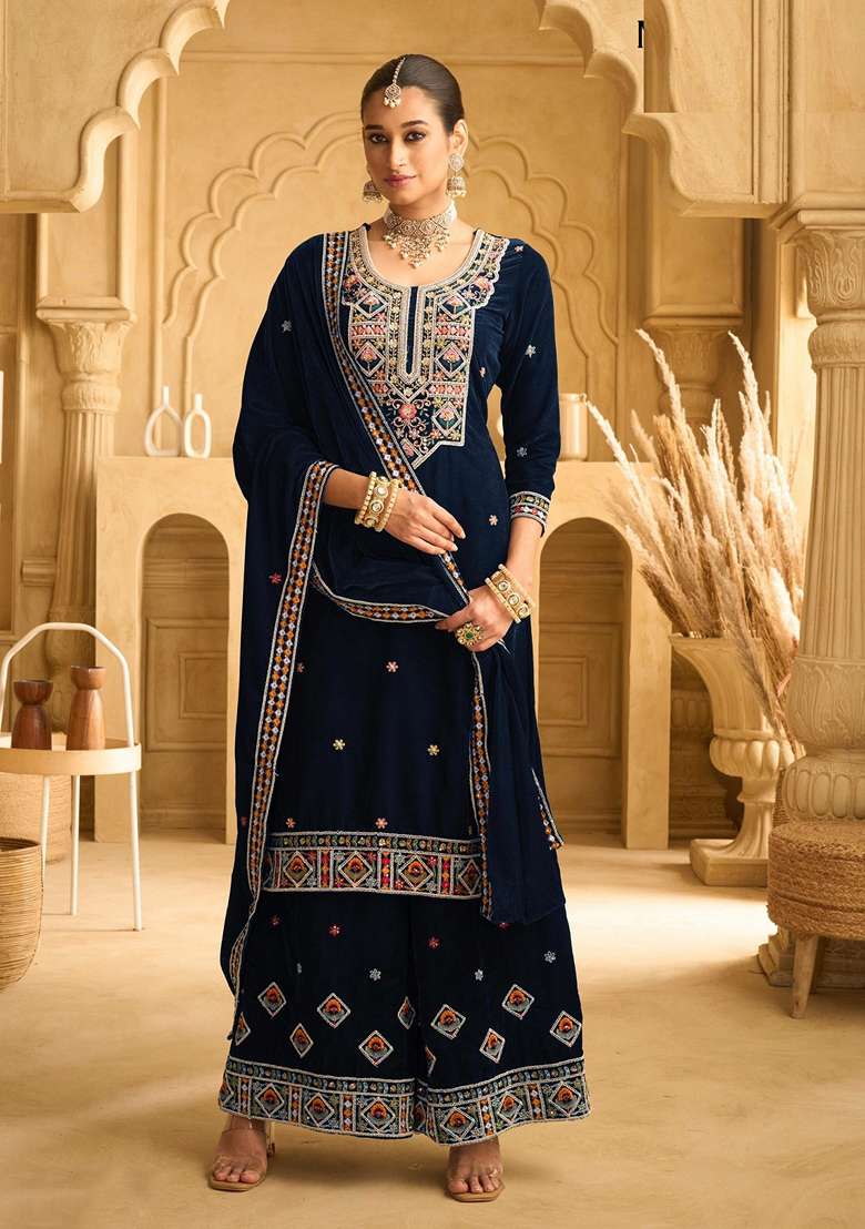Blue Embroidered Velvet Sharara Set - Indya