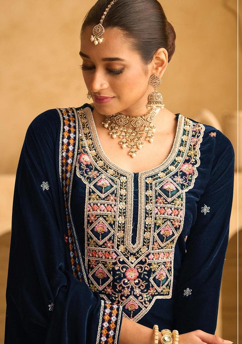 Blue Embroidered Velvet Palazzo Set With Dupatta