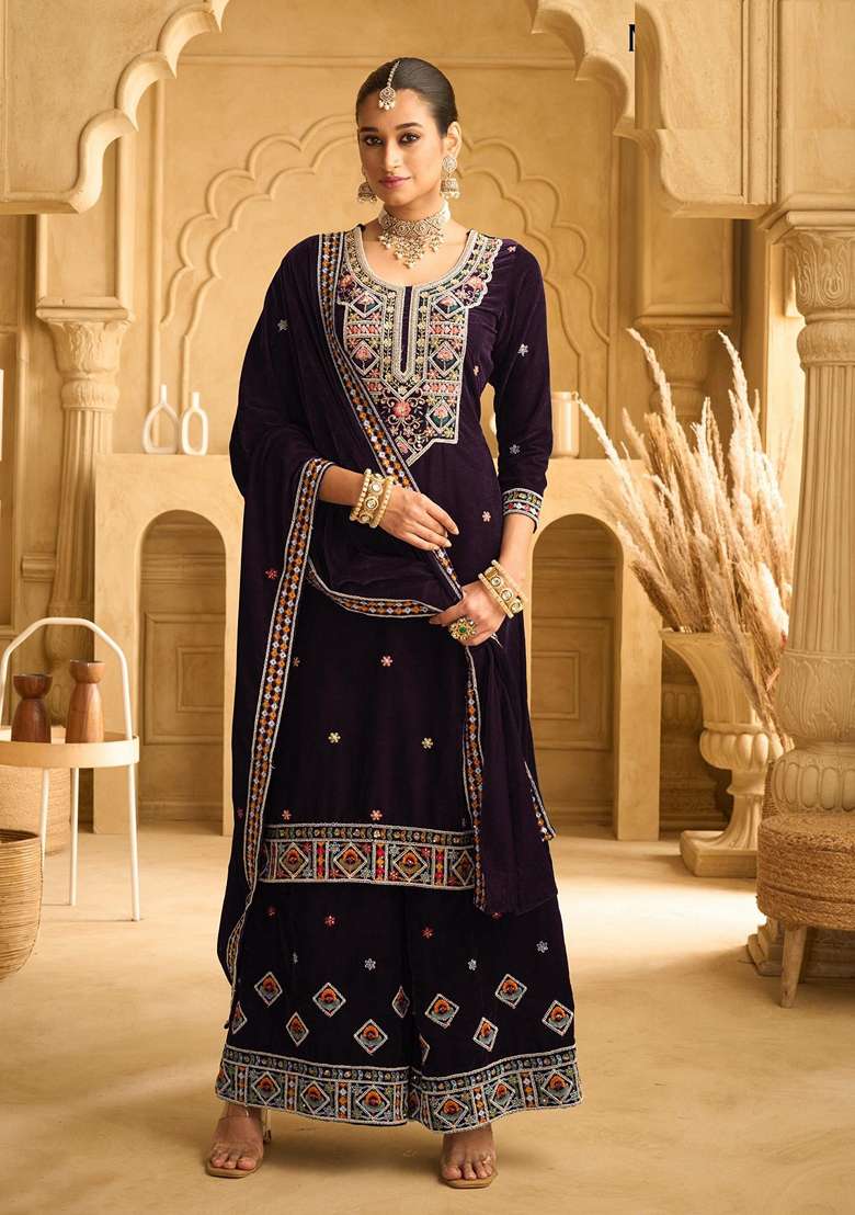 Purple Embroidered Velvet Sharara Set - Indya