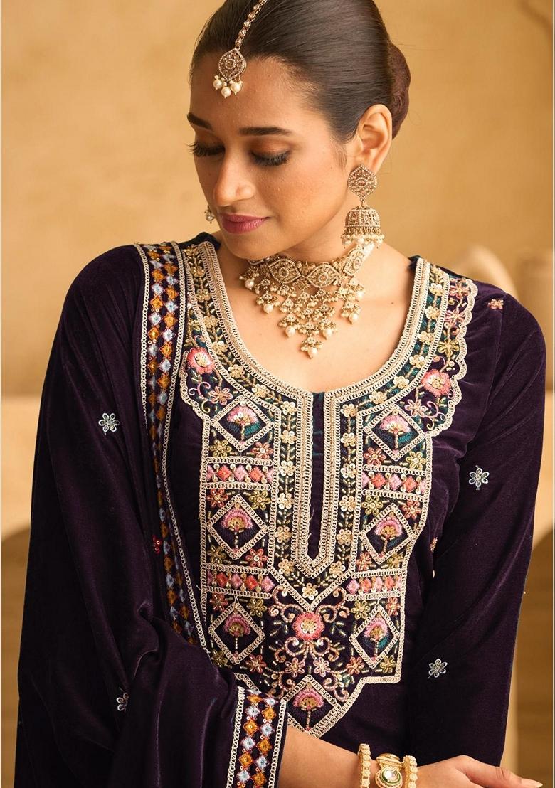 Purple Embroidered Velvet Palazzo Set With Dupatta