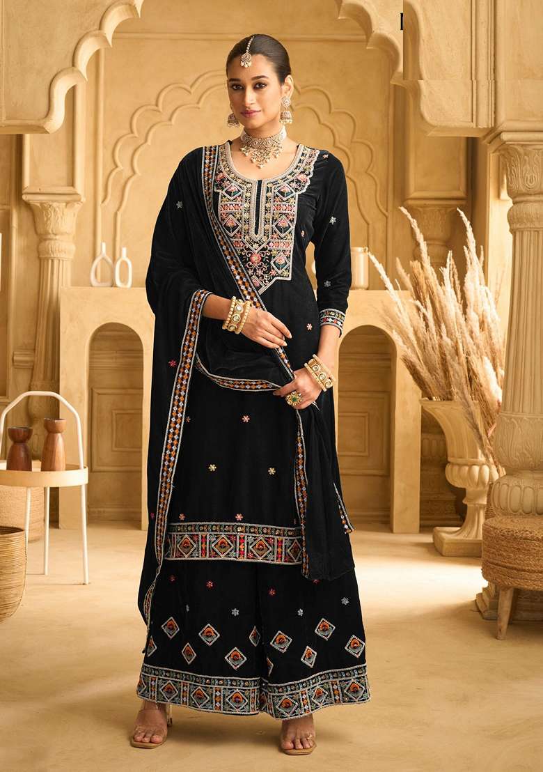Black Embroidered Velvet Sharara Set - Indya