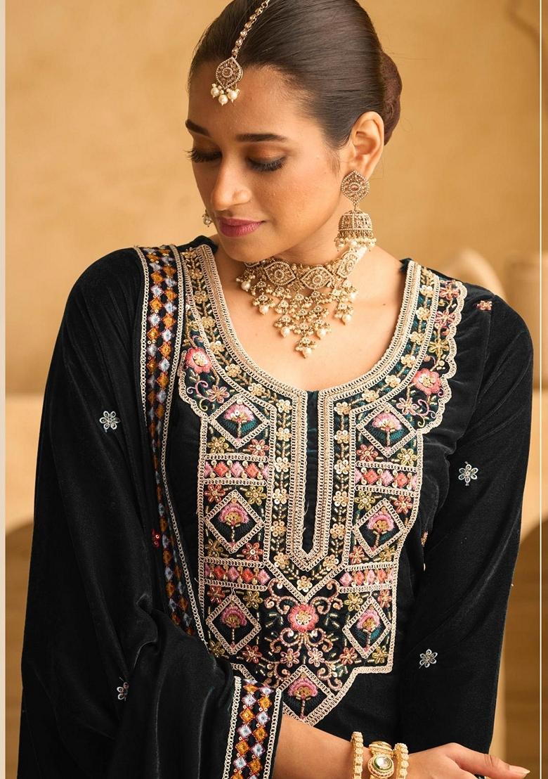 Black Embroidered Velvet Palazzo Set With Dupatta