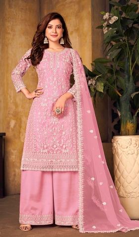 Pink Embroidered Net Salwar Kameez With Dupatta