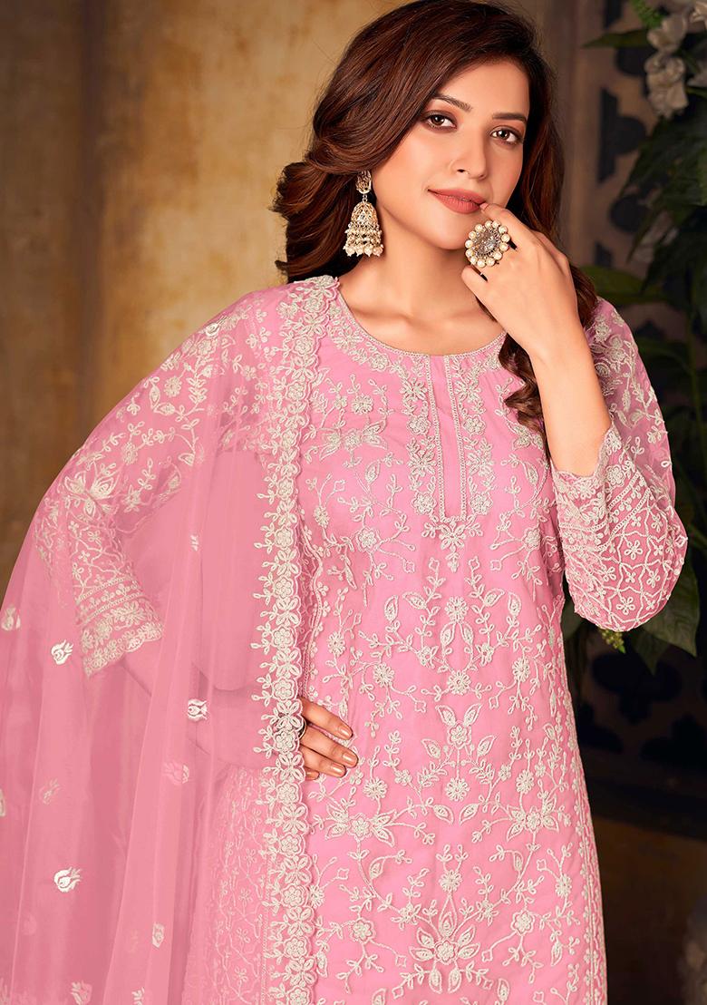 Pink Embroidered Net Salwar Kameez With Dupatta