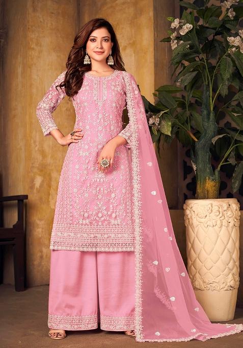 Pink Embroidered Net Salwar Kameez With Dupatta
