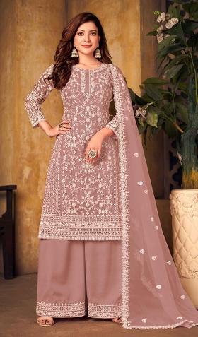 Dusty Pink Embroidered Net Salwar Kameez With Dupatta