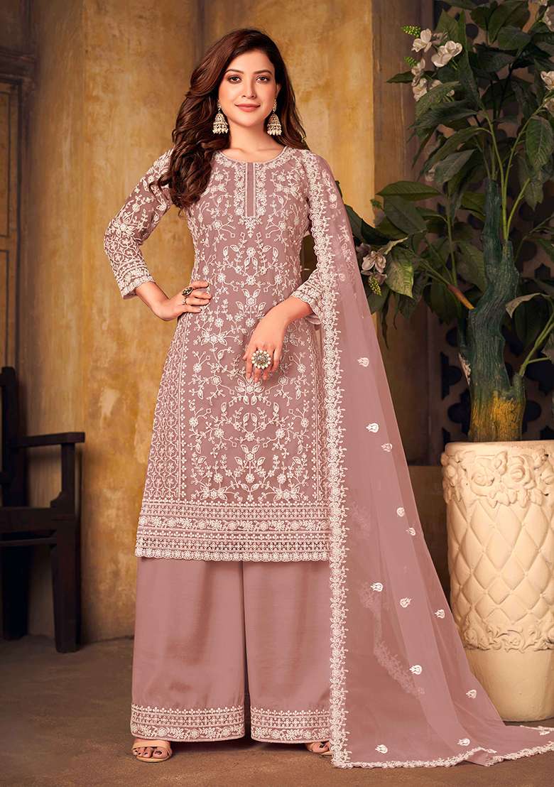 Dusty Pink Chikankari Net Straight Kurta Set - Indya