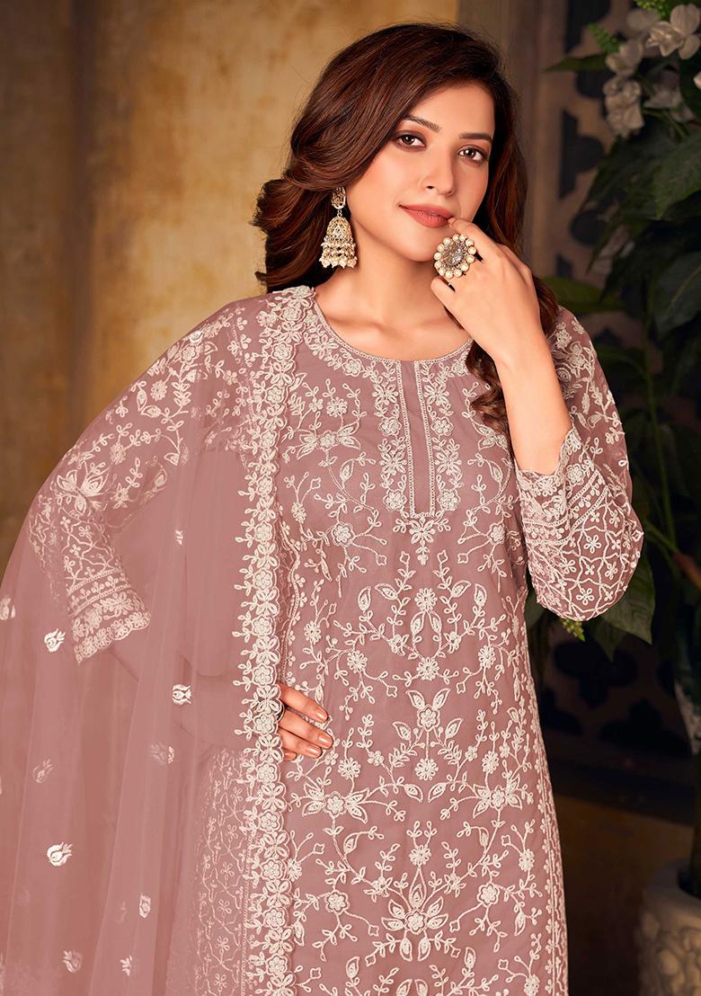 Dusty Pink Embroidered Net Salwar Kameez With Dupatta
