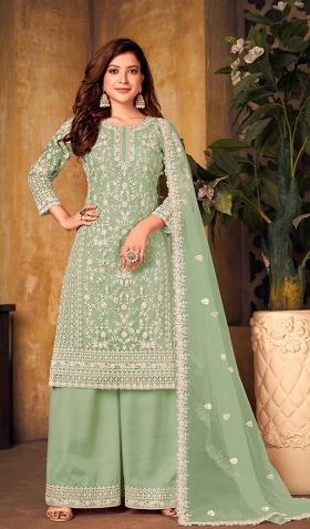 Green Embroidered Net Salwar Kameez With Dupatta