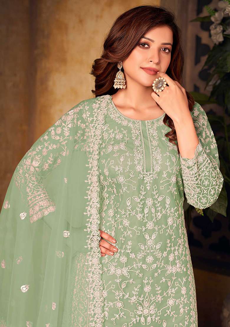 Green Embroidered Net Straight Kurta Set - Indya