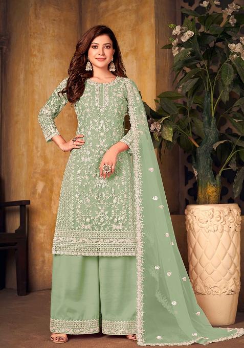 Green Embroidered Net Salwar Kameez With Dupatta