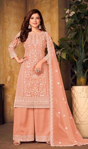 Peach Embroidered Net Salwar Kameez With Dupatta