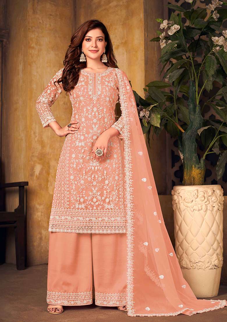 Peach Chikankari Net Straight Kurta Set - Indya