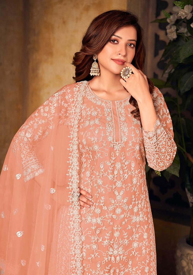 Peach Embroidered Net Salwar Kameez With Dupatta