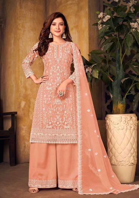 Peach Chikankari Net Straight Kurta Set