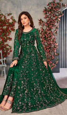 Green Embroidered Net Salwar Kameez With Dupatta