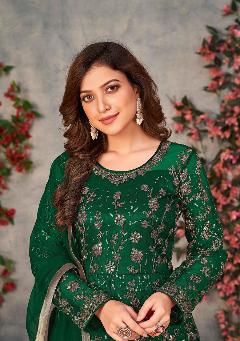 Green Embroidered Net Salwar Kameez With Dupatta
