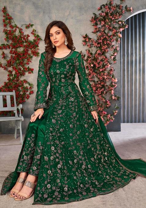 Green Embroidered Net Salwar Kameez With Dupatta