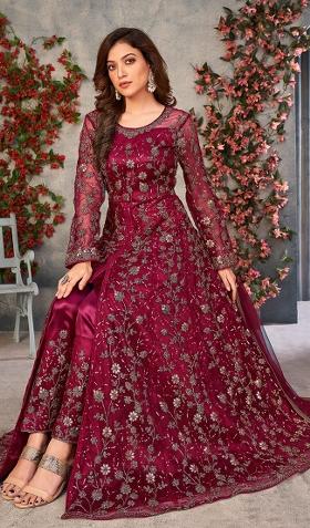 Maroon Embroidered Net Salwar Kameez With Dupatta
